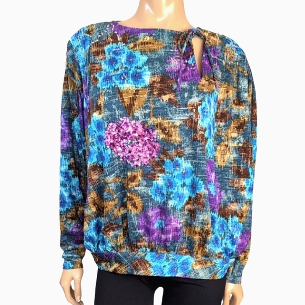 Vintage Grazia Fava Wool Blouse Womens Size Medium Blue Purple Sequin Beaded Top